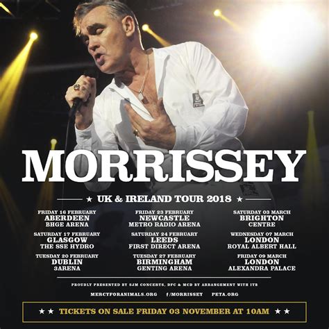Morrissey tour - Morrissey wird derzeit nicht in der Nähe deines Standorts auftreten – hat aber vor, 8 Konzerte in 3 Länder in 2023-2024 zu geben. Alle Konzerte anzeigen. Kaufe Tickets für Konzerte mit Morrissey in deiner Nähe. Infos zu allen 2023-24 kommenden Tourterminen, Vorgruppen, Kritiken und Veranstaltungsorten anzeigen.